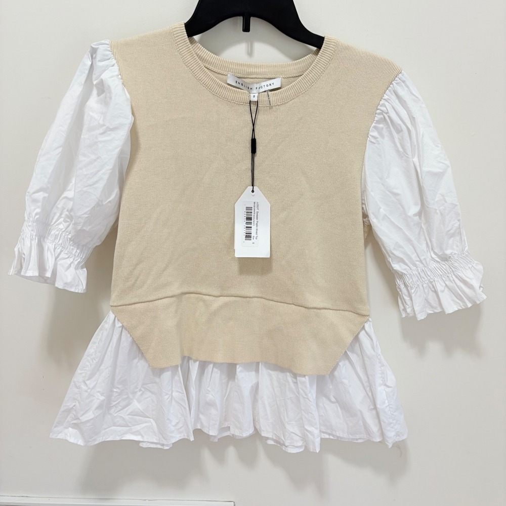 English Factory Mixed Media Sweater Poplin Top Women Beige White S Puff Sleeve